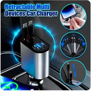 Chargeur voiture rétractable 4-en-1 | Charge rapide iPhone et Android